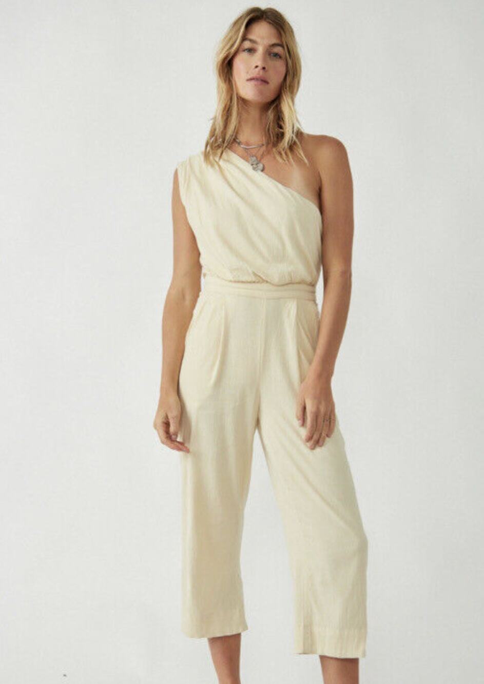 Free People Avery One Shoulder Jumpsuit Wide Leg Pockets Cream Ivory US 4 NWT